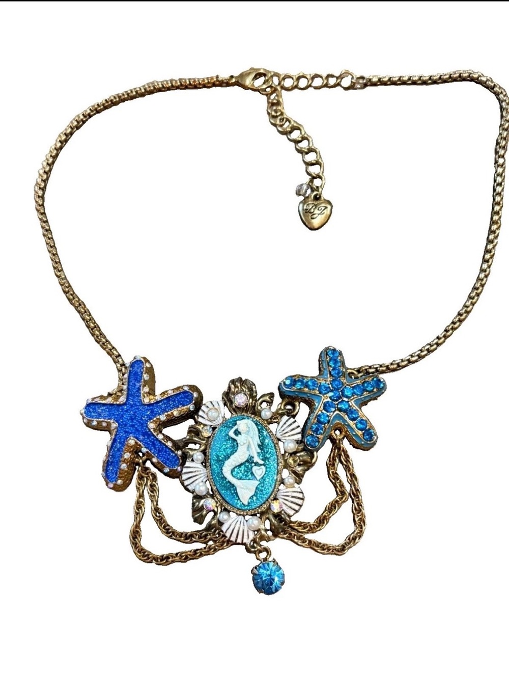 Rare Betsey Johnson Gold Tone Mermaid & Blue Starfish Statement Necklace